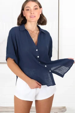 Shelly Shirt - Linen Collared Button Down Shirt in Navy><noscript><img width=