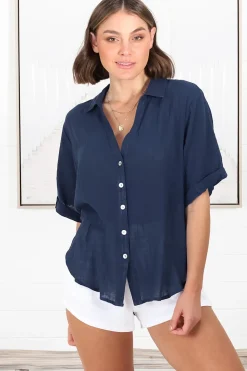 Shelly Shirt - Linen Collared Button Down Shirt in Navy><noscript><img width=
