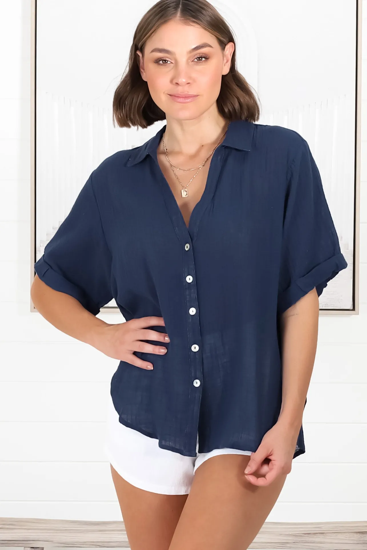 Shelly Shirt - Linen Collared Button Down Shirt in Navy>Salty Crush Online