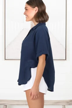 Shelly Shirt - Linen Collared Button Down Shirt in Navy><noscript><img width=