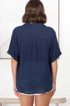 Shelly Shirt - Linen Collared Button Down Shirt in Navy><noscript><img width=