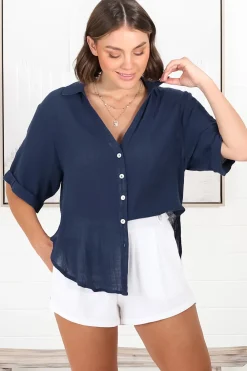 Shelly Shirt - Linen Collared Button Down Shirt in Navy><noscript><img width=