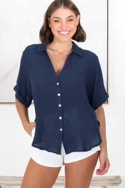 Shelly Shirt - Linen Collared Button Down Shirt in Navy><noscript><img width=