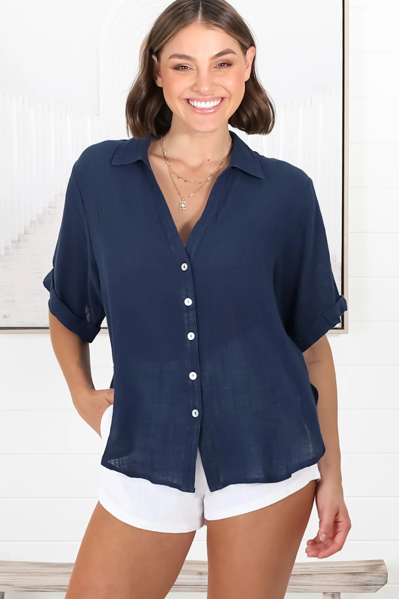 Shelly Shirt - Linen Collared Button Down Shirt in Navy>Salty Crush Online