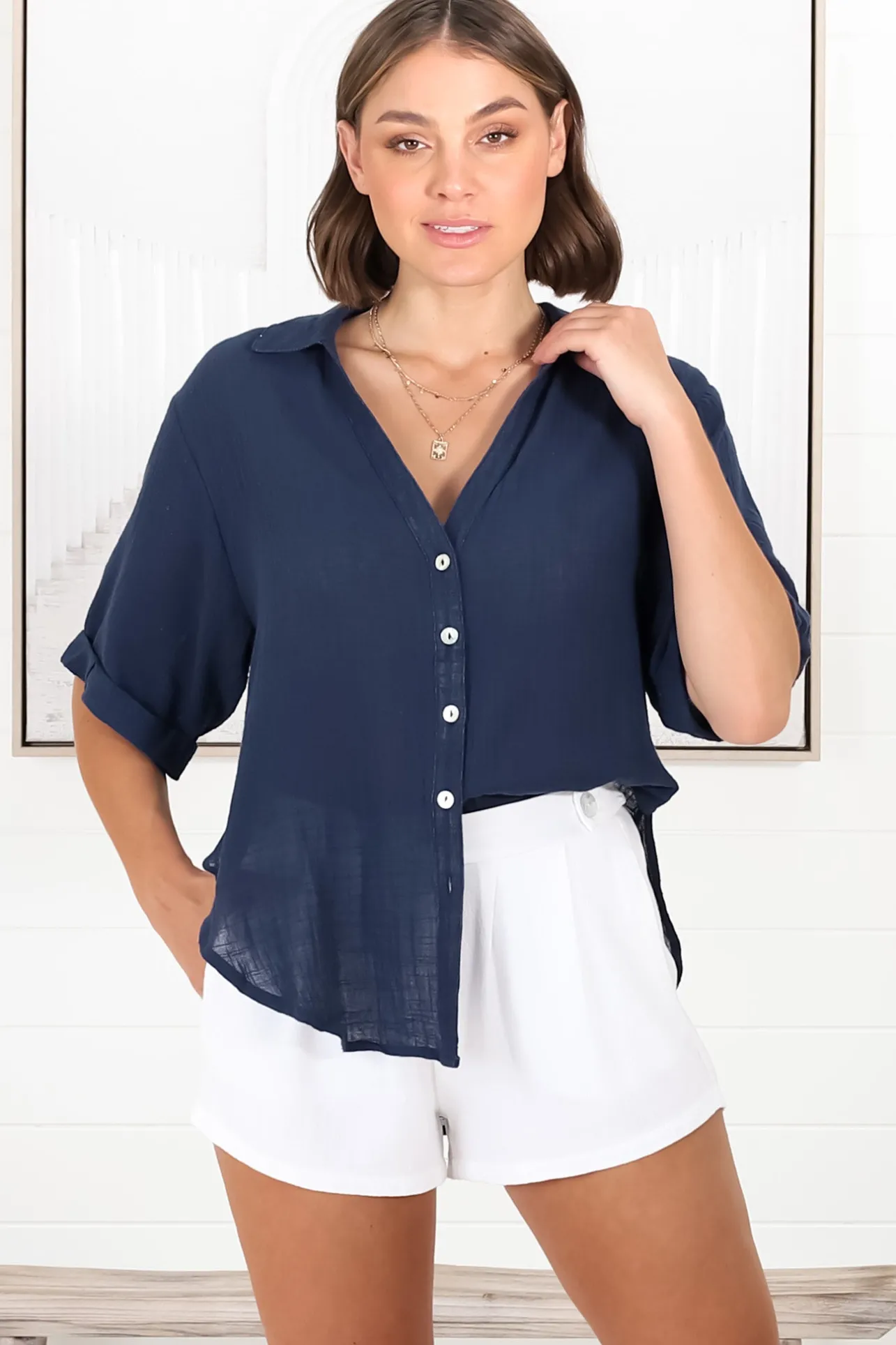 Shelly Shirt - Linen Collared Button Down Shirt in Navy>Salty Crush Online