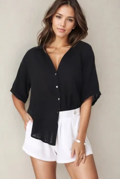 Shelly Shirt - Linen Collared Button Down Shirt in Black>Salty Crush Online