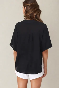 Shelly Shirt - Linen Collared Button Down Shirt in Black><noscript><img width=