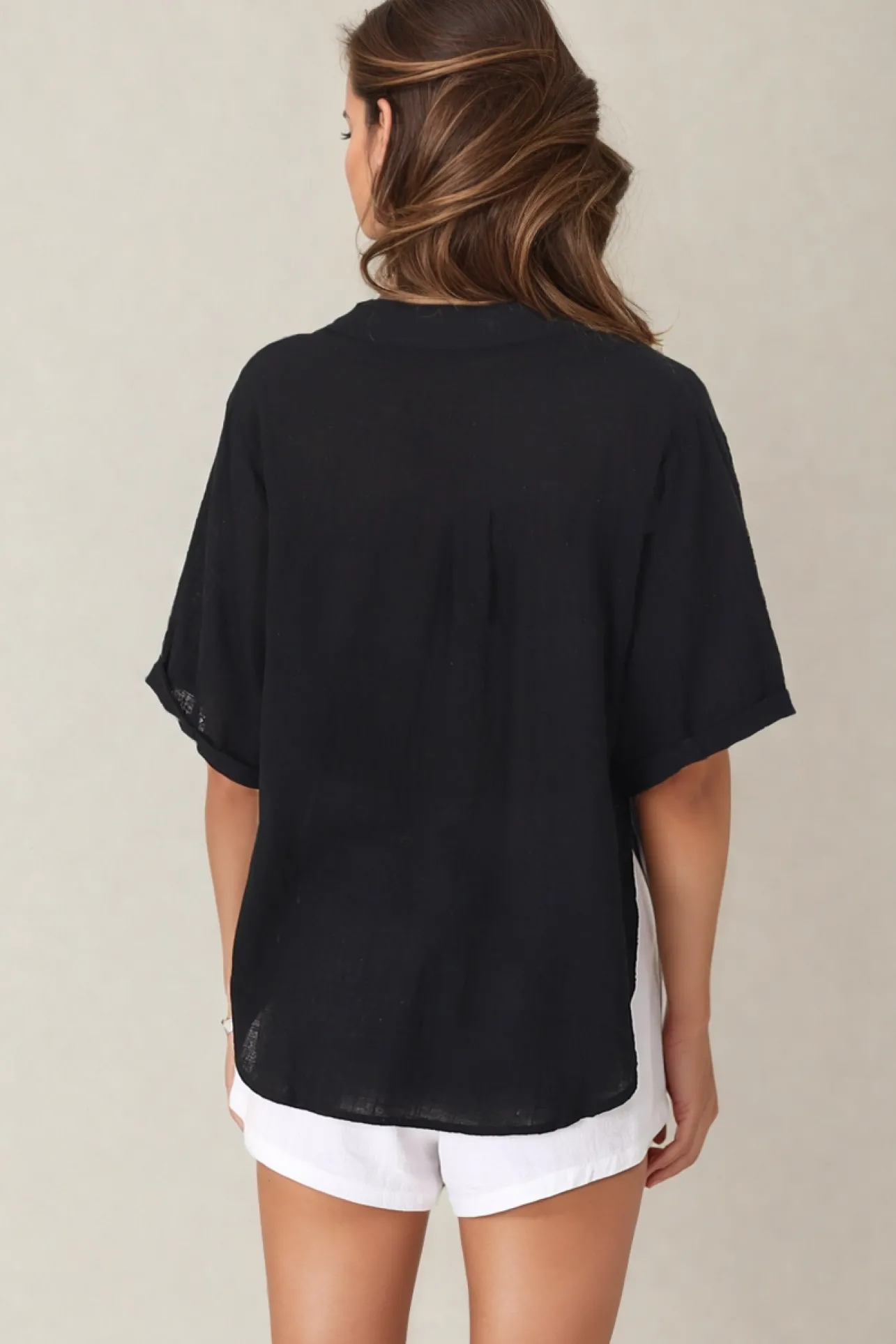 Shelly Shirt - Linen Collared Button Down Shirt in Black>Salty Crush Online