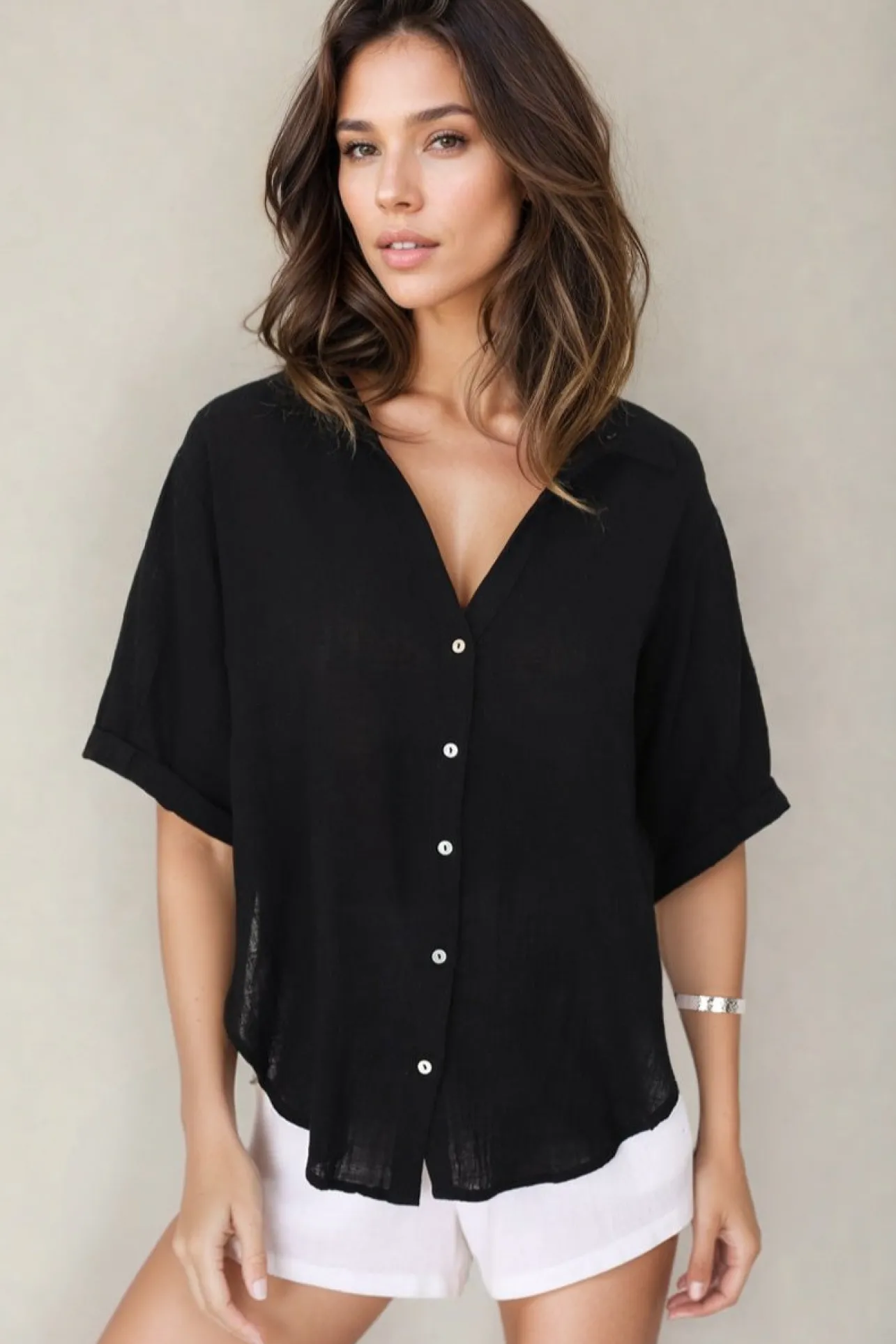 Shelly Shirt - Linen Collared Button Down Shirt in Black>Salty Crush Online