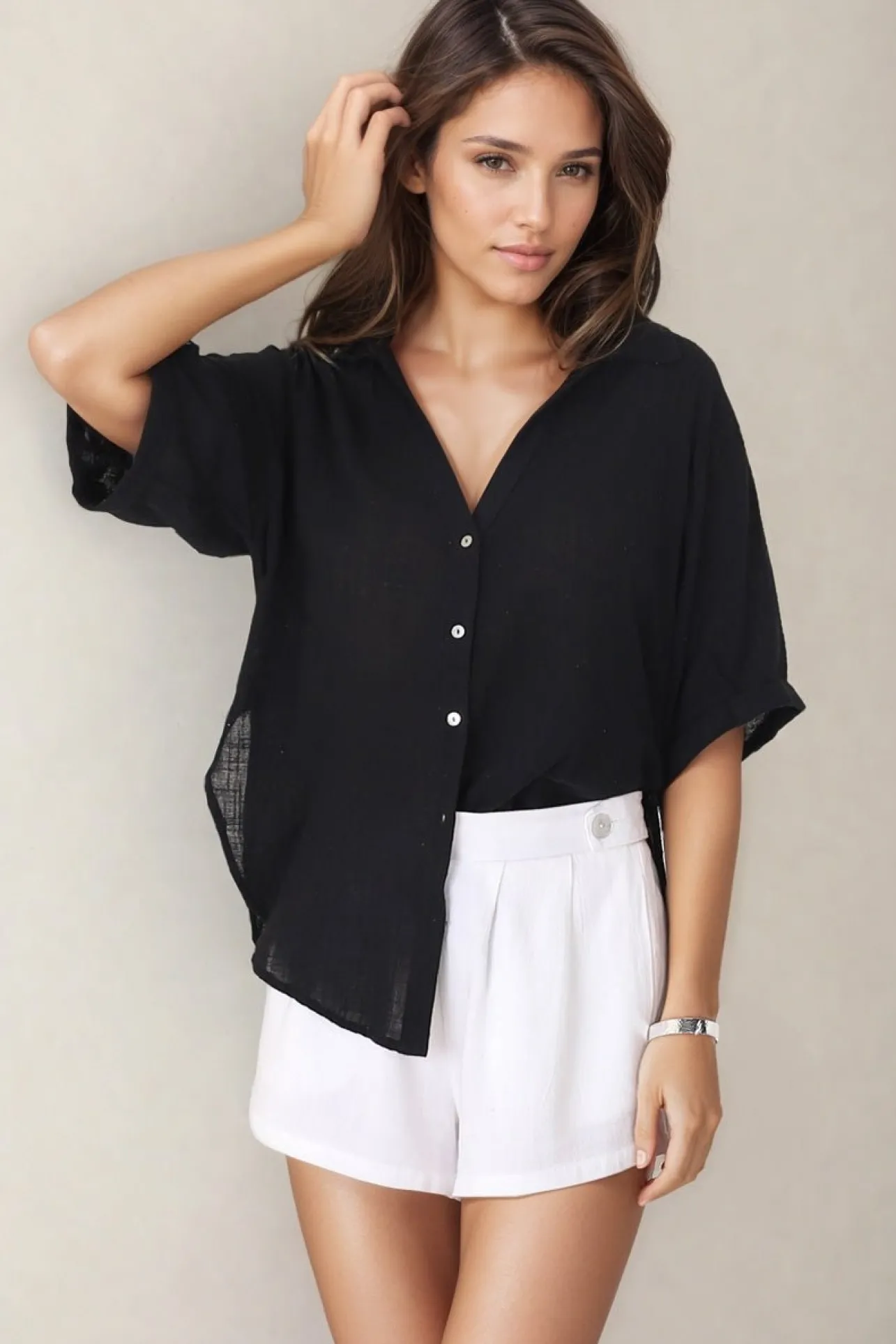 Shelly Shirt - Linen Collared Button Down Shirt in Black>Salty Crush Online