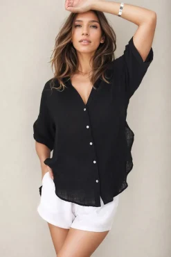 Shelly Shirt - Linen Collared Button Down Shirt in Black><noscript><img width=