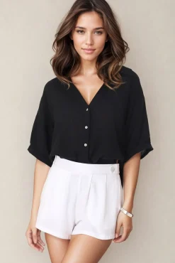 Shelly Shirt - Linen Collared Button Down Shirt in Black><noscript><img width=