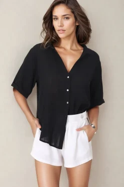 Shelly Shirt - Linen Collared Button Down Shirt in Black><noscript><img width=