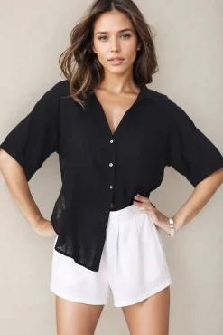 Shelly Shirt - Linen Collared Button Down Shirt in Black><noscript><img width=