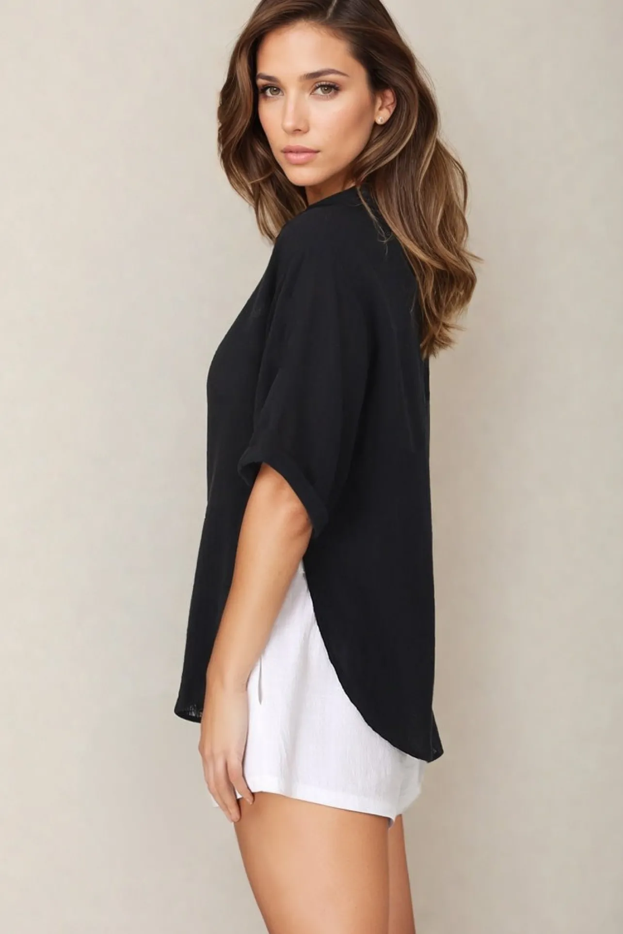 Shelly Shirt - Linen Collared Button Down Shirt in Black>Salty Crush Online