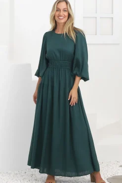 Sheyne Maxi Dress - Long Balloon Sleeve Elasicated Waist A Line Dress in Green>Salty Crush New