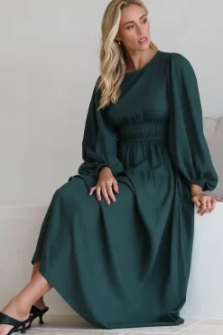 Sheyne Maxi Dress - Long Balloon Sleeve Elasicated Waist A Line Dress in Green>Salty Crush New