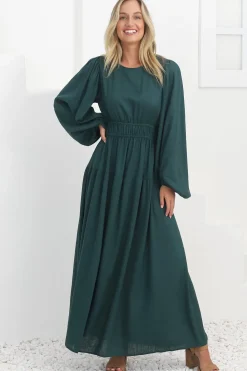 Sheyne Maxi Dress - Long Balloon Sleeve Elasicated Waist A Line Dress in Green><noscript><img width=
