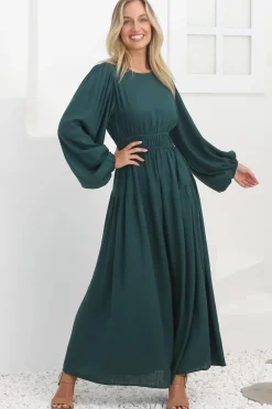 Sheyne Maxi Dress - Long Balloon Sleeve Elasicated Waist A Line Dress in Green><noscript><img width=