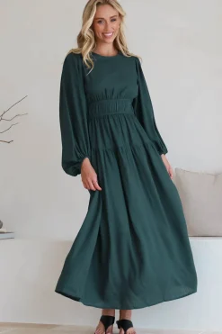 Sheyne Maxi Dress - Long Balloon Sleeve Elasicated Waist A Line Dress in Green><noscript><img width=