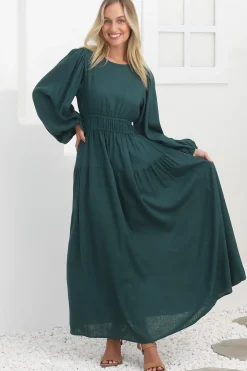 Sheyne Maxi Dress - Long Balloon Sleeve Elasicated Waist A Line Dress in Green><noscript><img width=