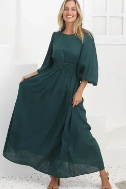 Sheyne Maxi Dress - Long Balloon Sleeve Elasicated Waist A Line Dress in Green><noscript><img width=