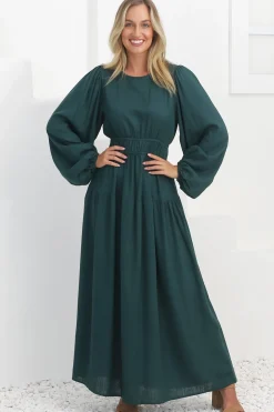 Sheyne Maxi Dress - Long Balloon Sleeve Elasicated Waist A Line Dress in Green><noscript><img width=