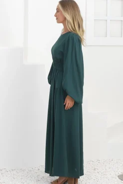 Sheyne Maxi Dress - Long Balloon Sleeve Elasicated Waist A Line Dress in Green><noscript><img width=