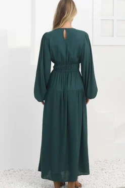 Sheyne Maxi Dress - Long Balloon Sleeve Elasicated Waist A Line Dress in Green><noscript><img width=