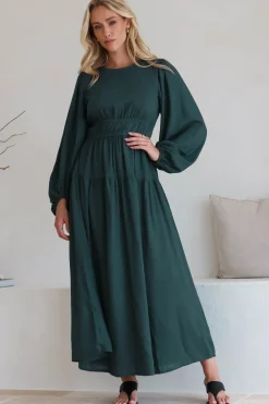 Sheyne Maxi Dress - Long Balloon Sleeve Elasicated Waist A Line Dress in Green><noscript><img width=