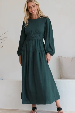 Sheyne Maxi Dress - Long Balloon Sleeve Elasicated Waist A Line Dress in Green><noscript><img width=