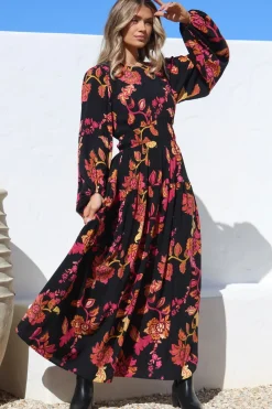 Sheyne Maxi Dress - Long Balloon Sleeve Elasticated Waist A Line Dress in Valerie Print>Salty Crush