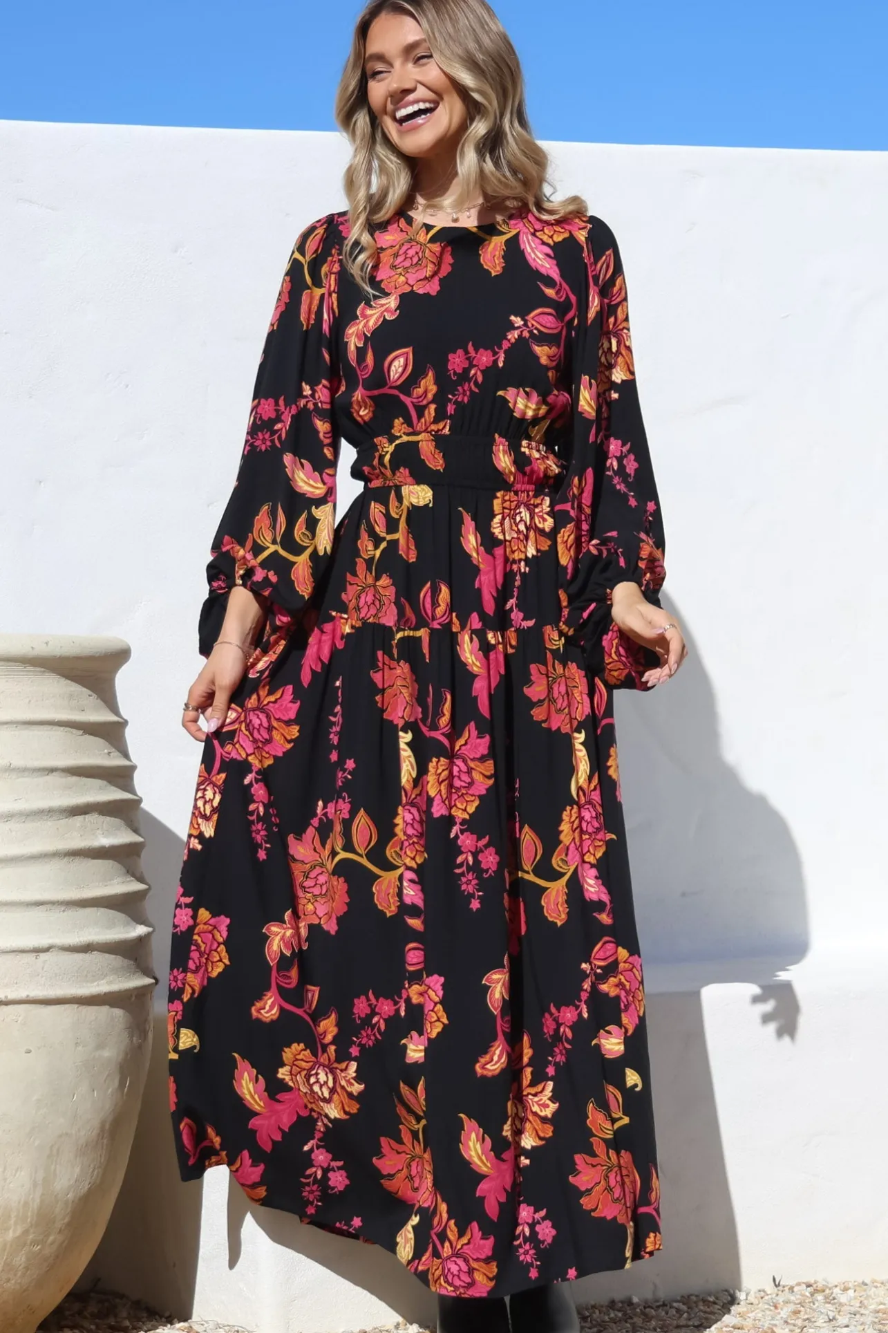 Sheyne Maxi Dress - Long Balloon Sleeve Elasticated Waist A Line Dress in Valerie Print>Salty Crush