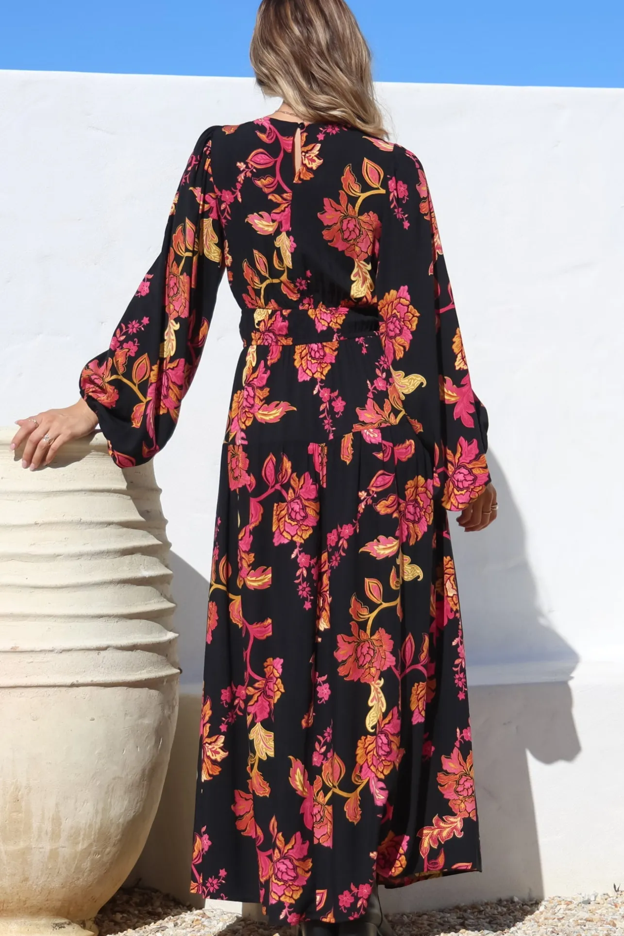 Sheyne Maxi Dress - Long Balloon Sleeve Elasticated Waist A Line Dress in Valerie Print>Salty Crush