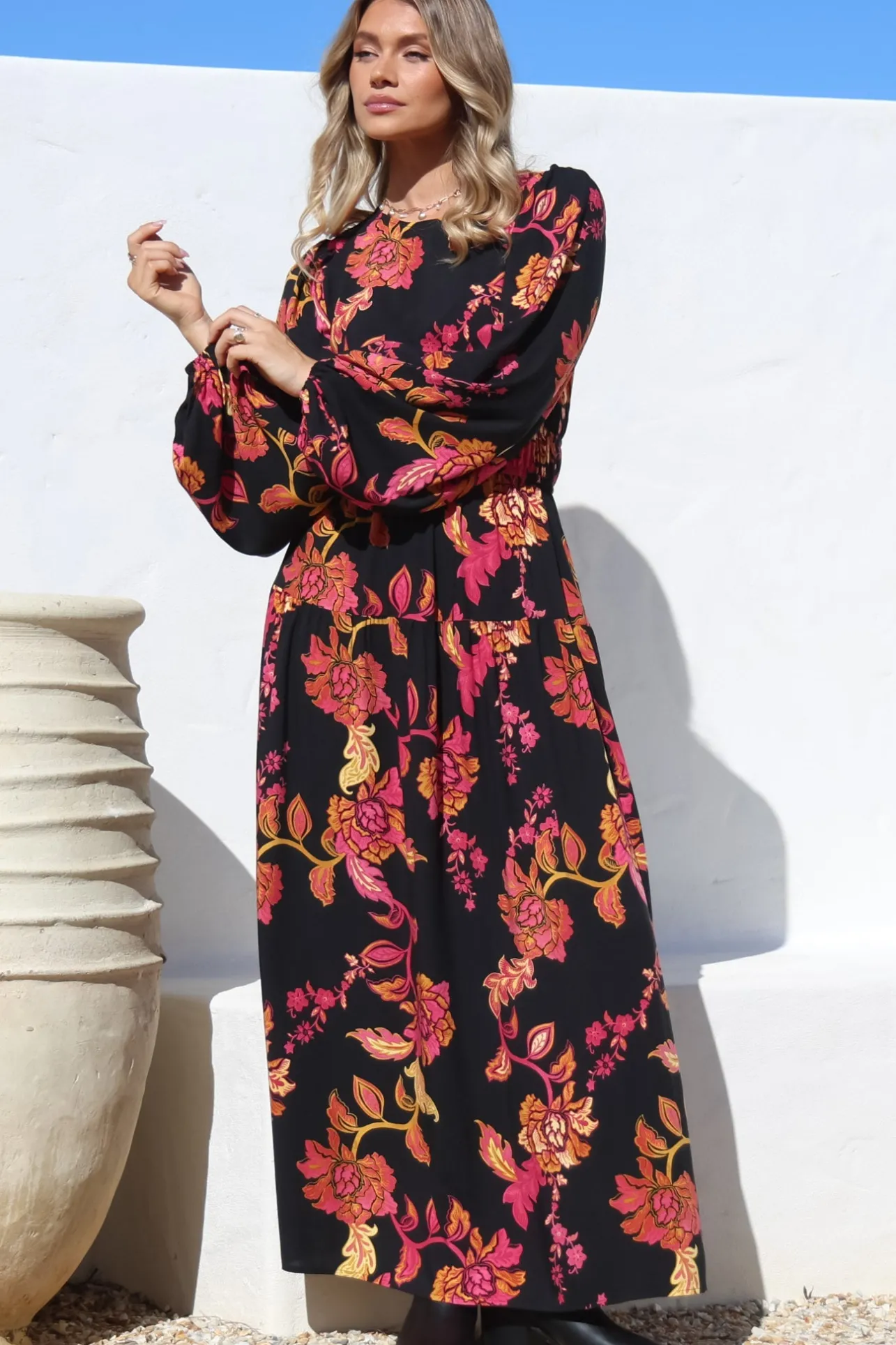 Sheyne Maxi Dress - Long Balloon Sleeve Elasticated Waist A Line Dress in Valerie Print>Salty Crush