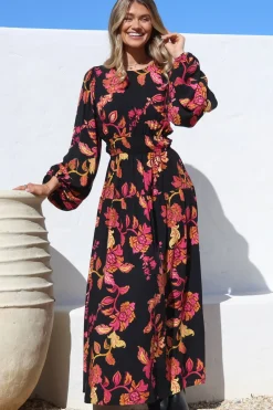 Sheyne Maxi Dress - Long Balloon Sleeve Elasticated Waist A Line Dress in Valerie Print><noscript><img width=