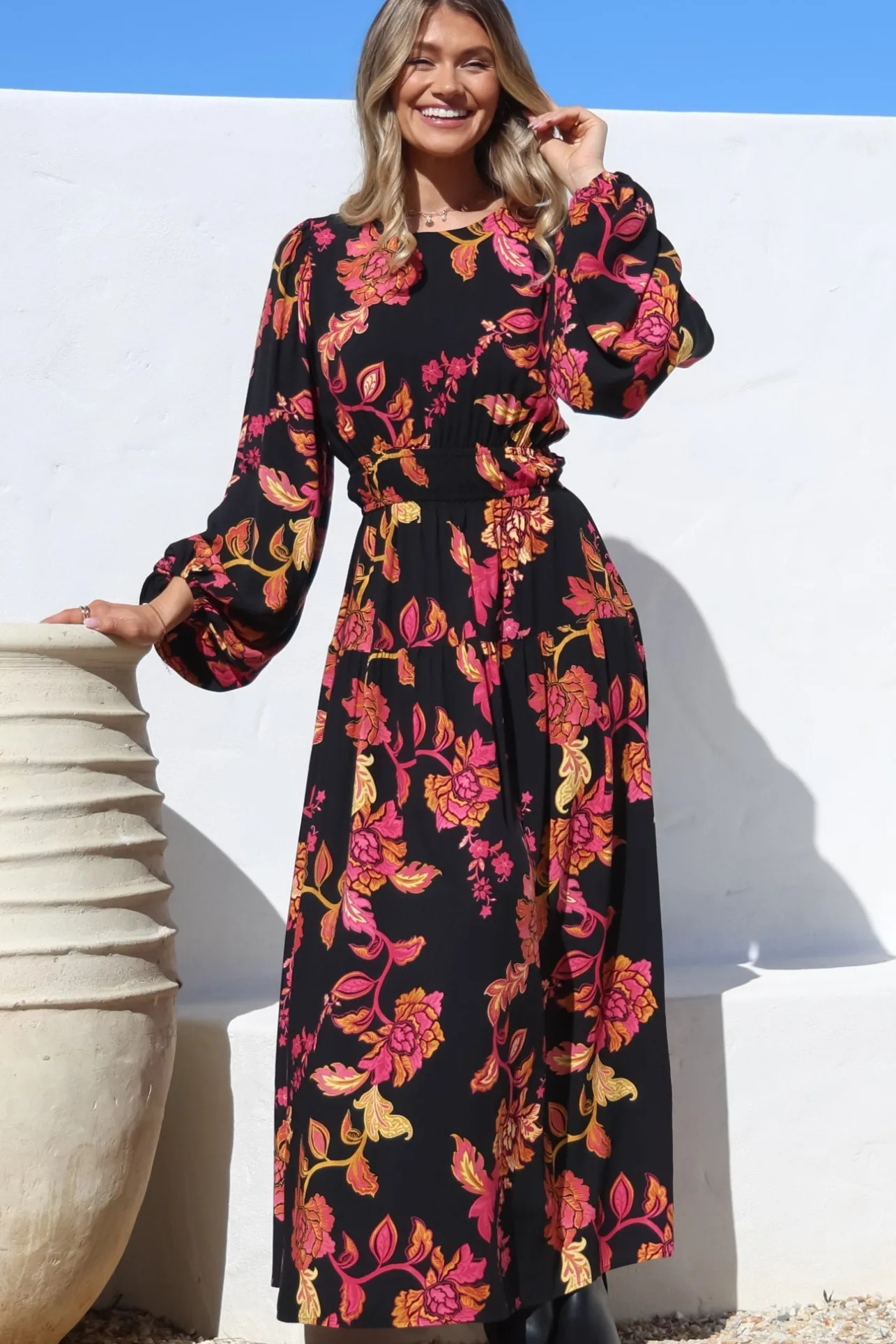 Sheyne Maxi Dress - Long Balloon Sleeve Elasticated Waist A Line Dress in Valerie Print>Salty Crush
