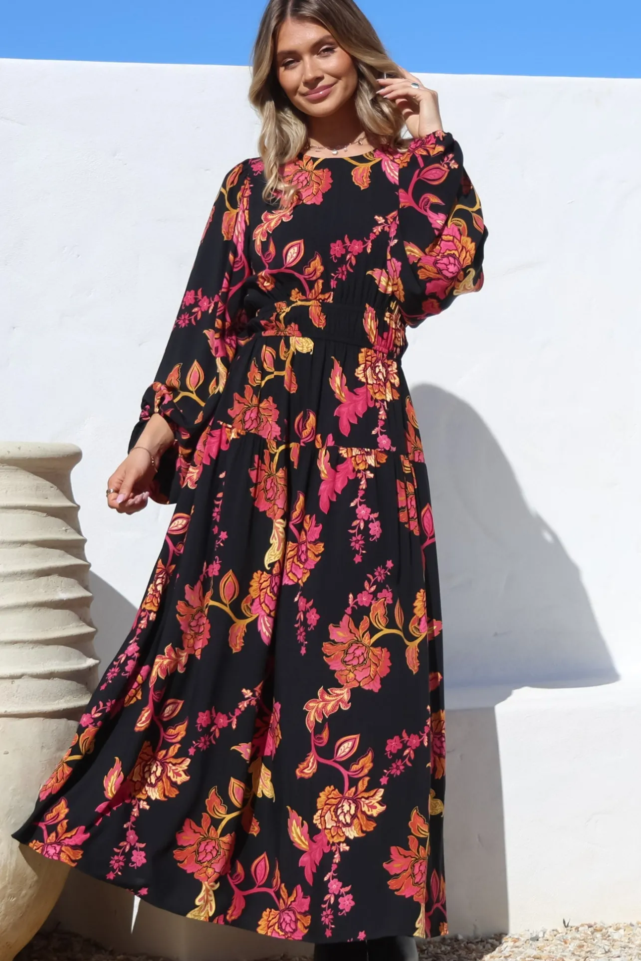 Sheyne Maxi Dress - Long Balloon Sleeve Elasticated Waist A Line Dress in Valerie Print>Salty Crush