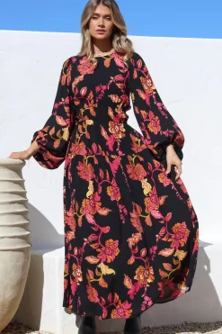 Sheyne Maxi Dress - Long Balloon Sleeve Elasticated Waist A Line Dress in Valerie Print><noscript><img width=