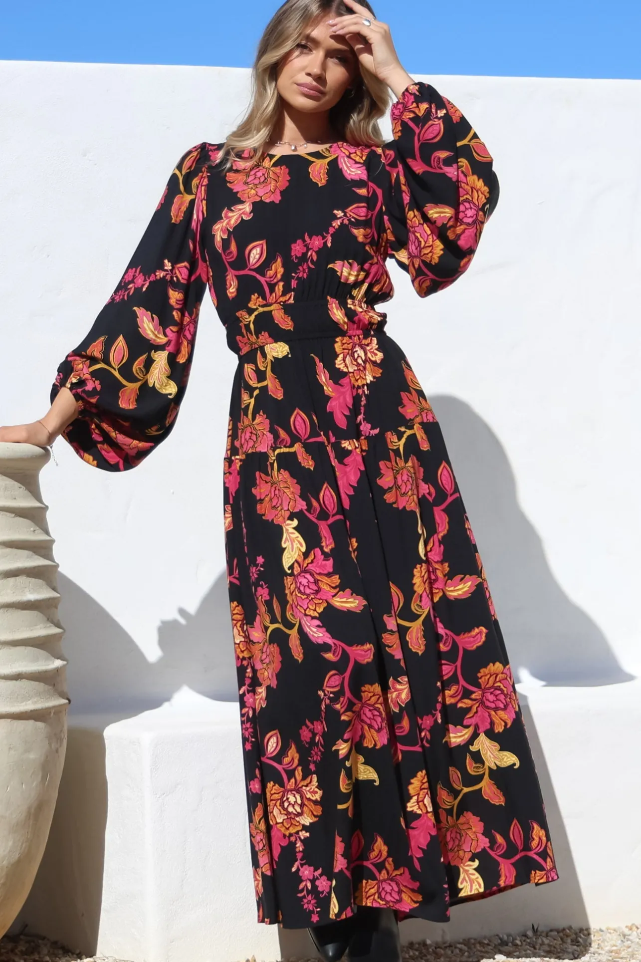 Sheyne Maxi Dress - Long Balloon Sleeve Elasticated Waist A Line Dress in Valerie Print>Salty Crush