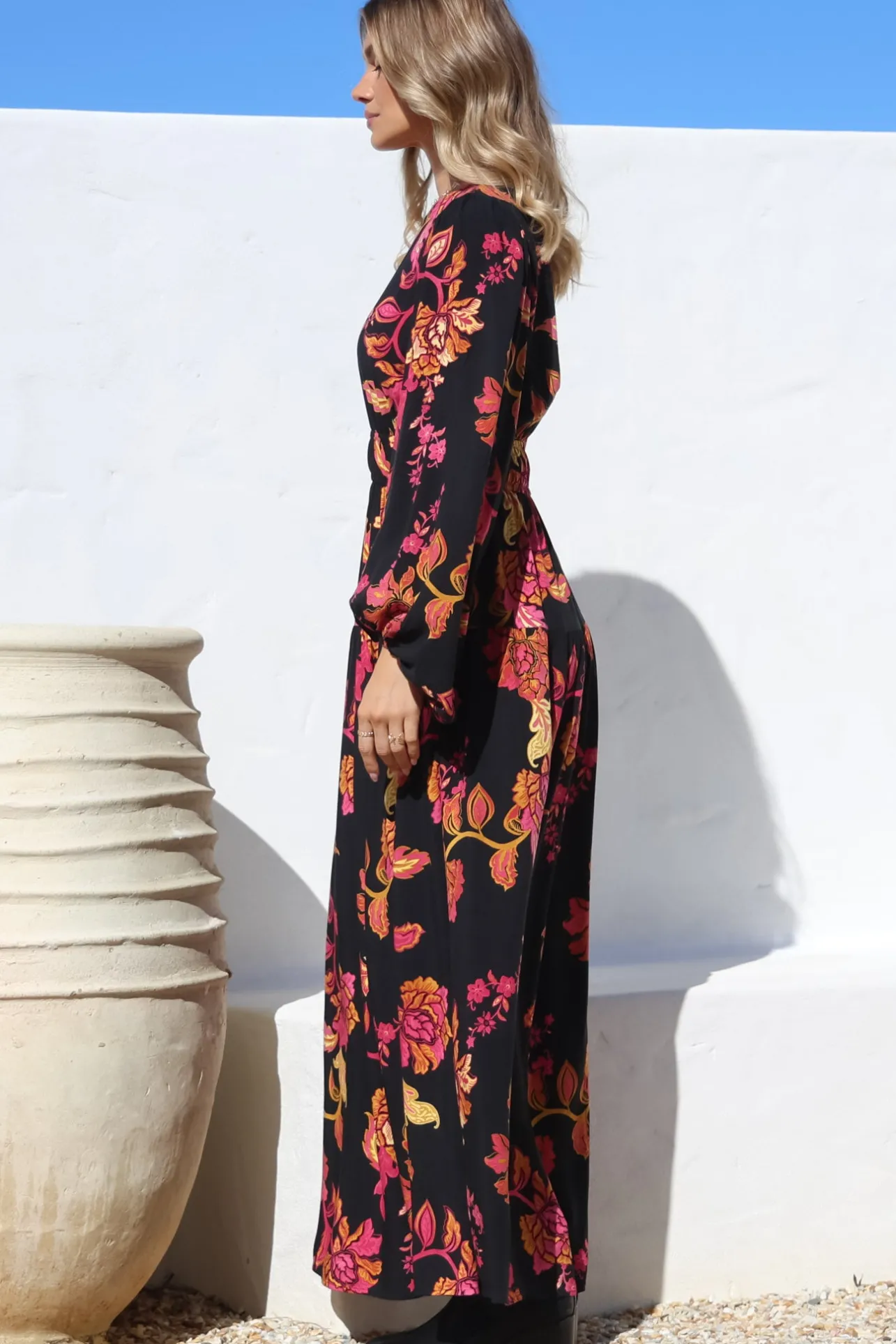 Sheyne Maxi Dress - Long Balloon Sleeve Elasticated Waist A Line Dress in Valerie Print>Salty Crush