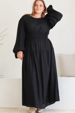 Sheyne Maxi Dress - Long Balloon Sleeve Elasicated Waist A Line Dress in Black>Salty Crush Best