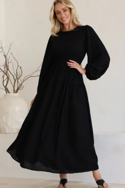 Sheyne Maxi Dress - Long Balloon Sleeve Elasicated Waist A Line Dress in Black><noscript><img width=