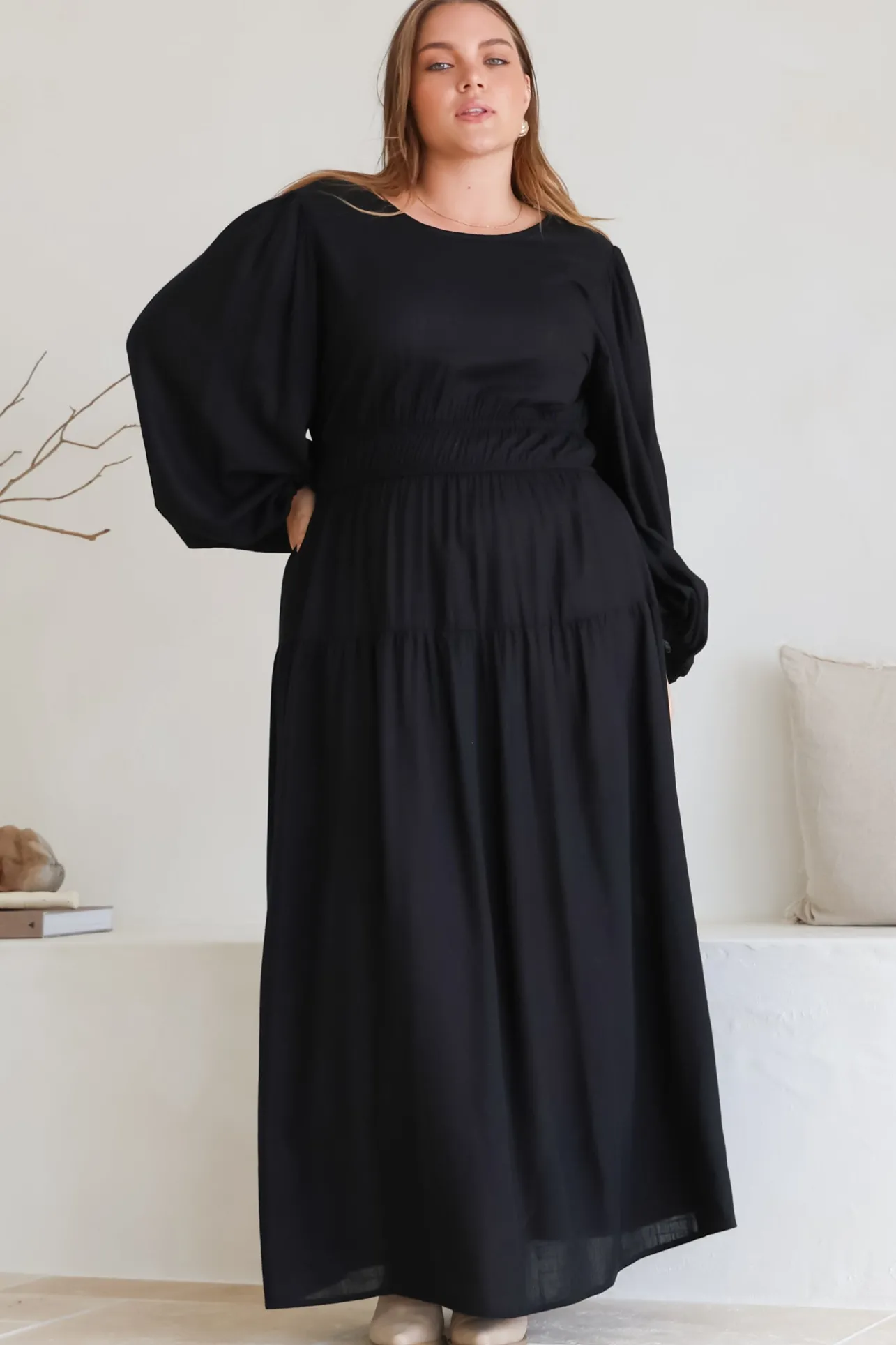 Sheyne Maxi Dress - Long Balloon Sleeve Elasicated Waist A Line Dress in Black>Salty Crush Best
