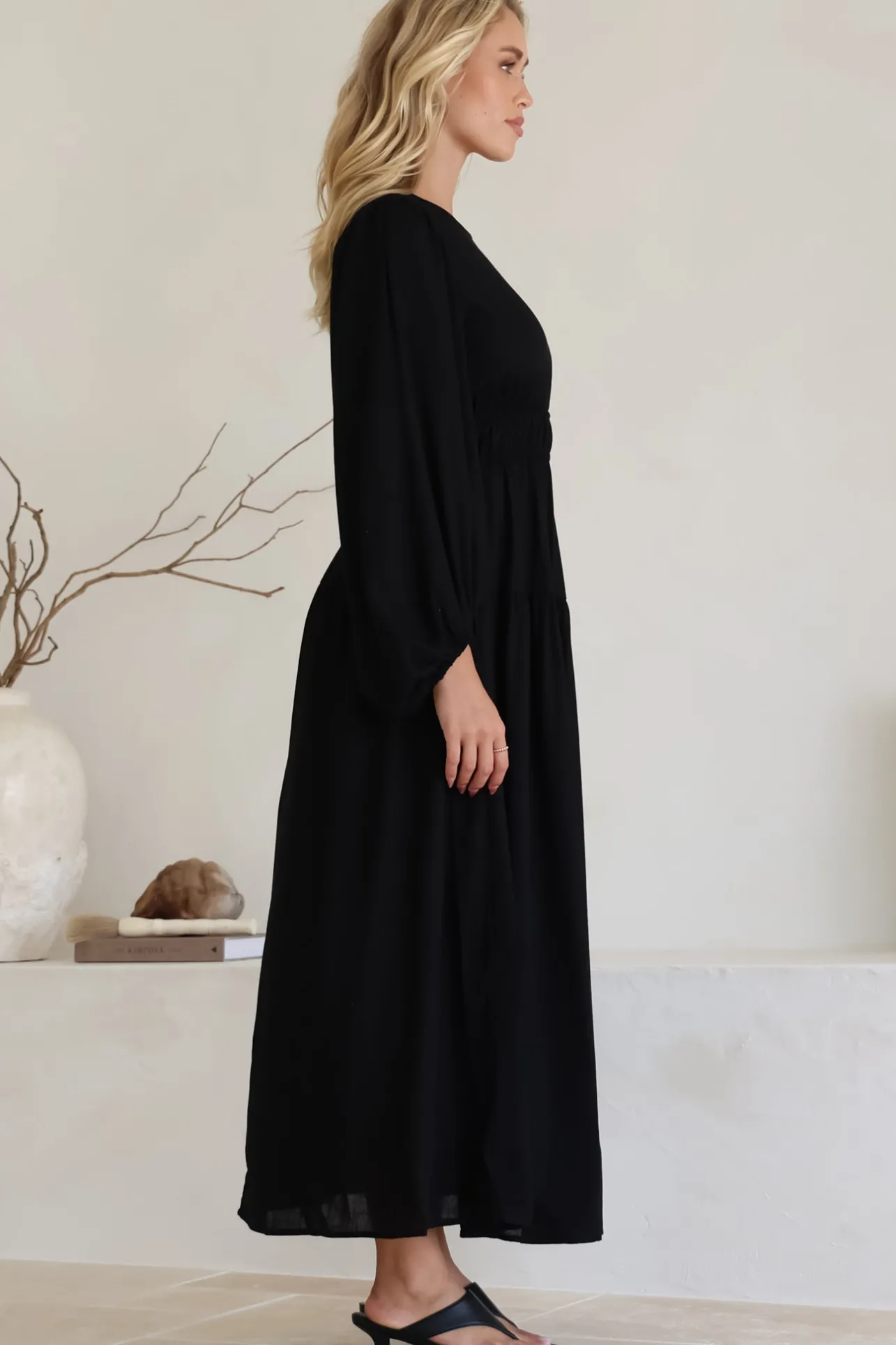 Sheyne Maxi Dress - Long Balloon Sleeve Elasicated Waist A Line Dress in Black>Salty Crush Best