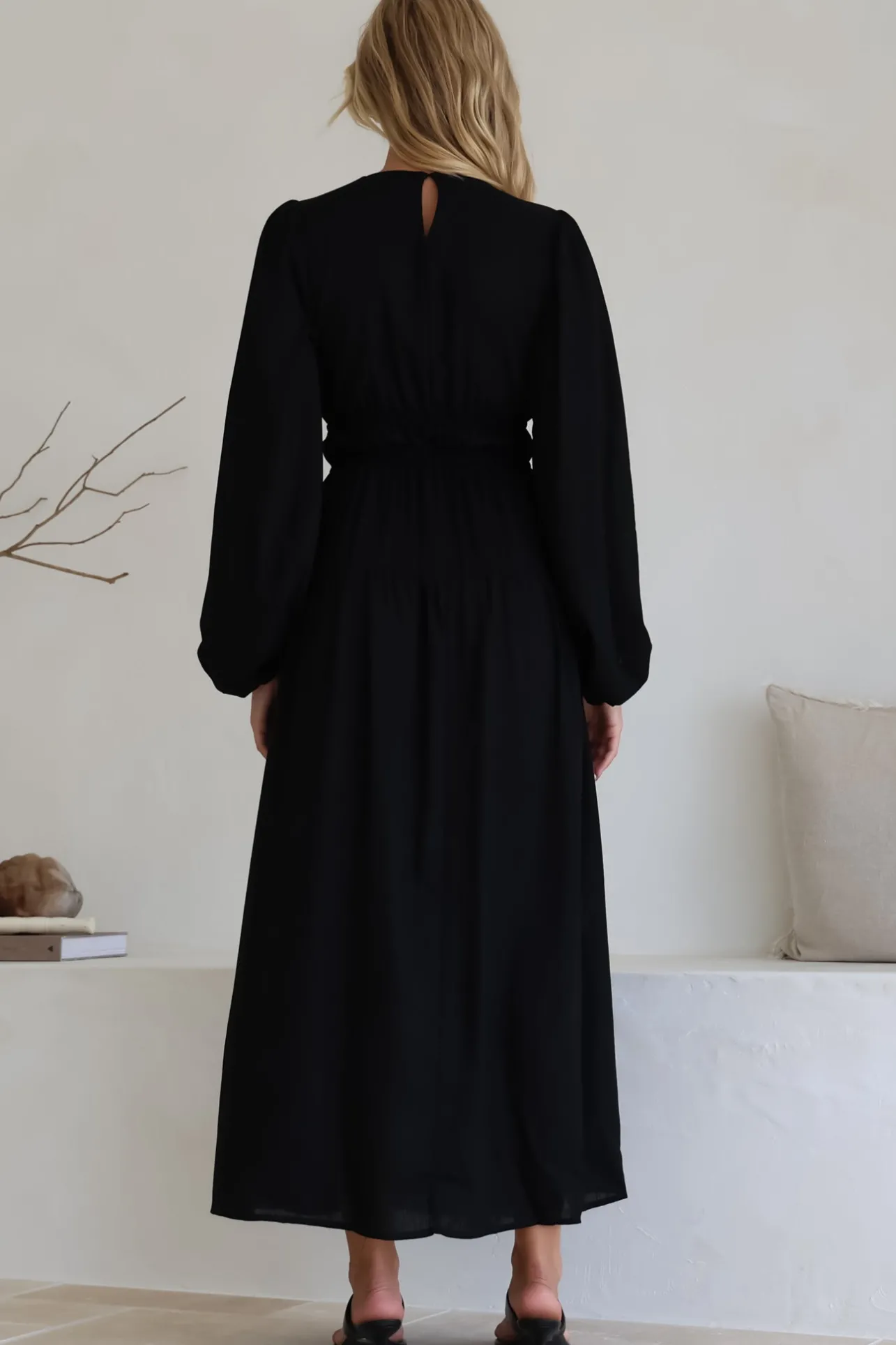 Sheyne Maxi Dress - Long Balloon Sleeve Elasicated Waist A Line Dress in Black>Salty Crush Best