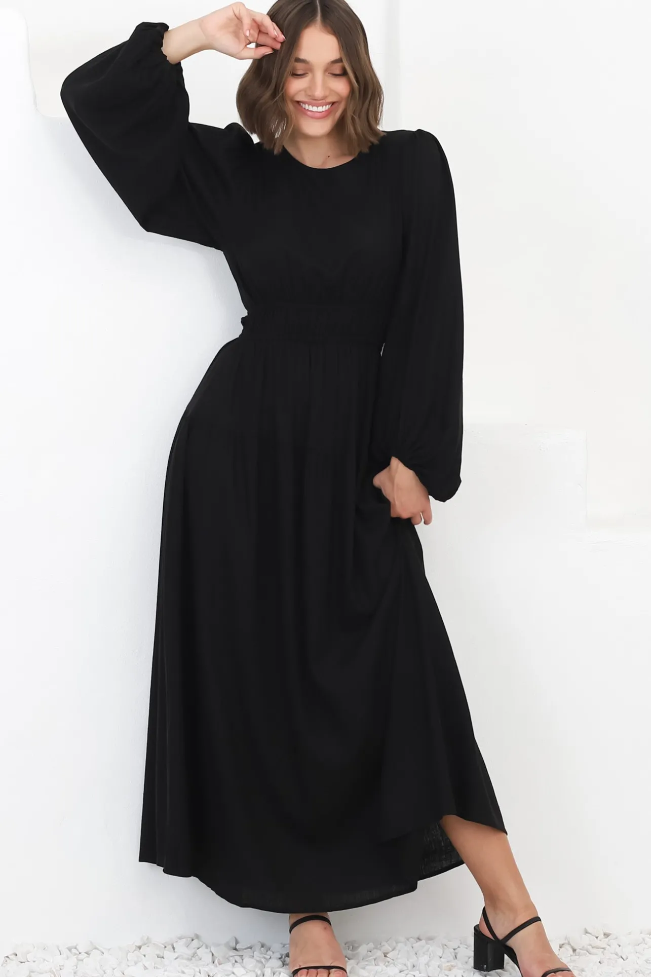 Sheyne Maxi Dress - Long Balloon Sleeve Elasicated Waist A Line Dress in Black>Salty Crush Best