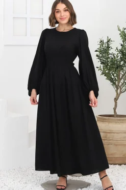 Sheyne Maxi Dress - Long Balloon Sleeve Elasicated Waist A Line Dress in Black><noscript><img width=