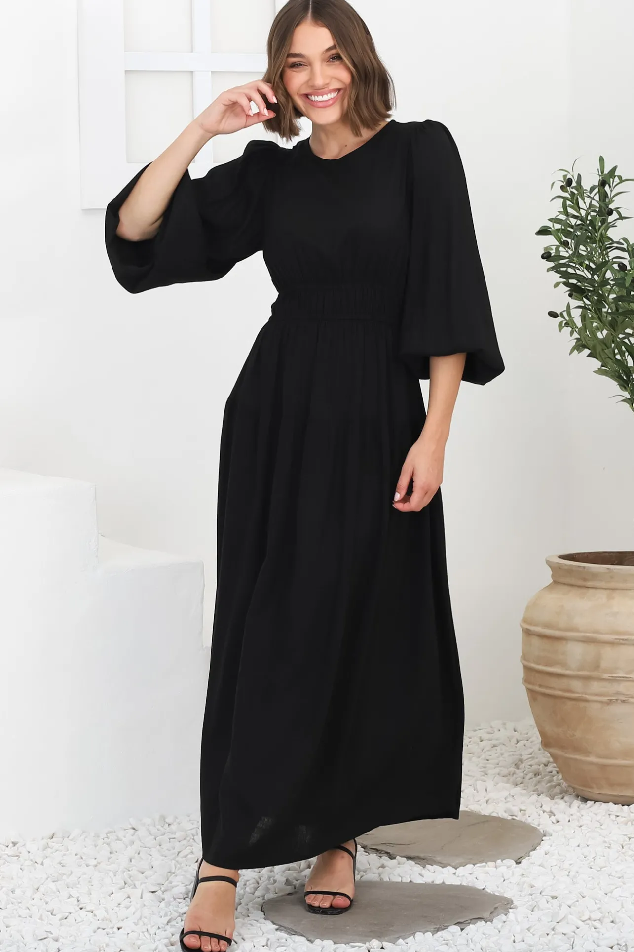 Sheyne Maxi Dress - Long Balloon Sleeve Elasicated Waist A Line Dress in Black>Salty Crush Best