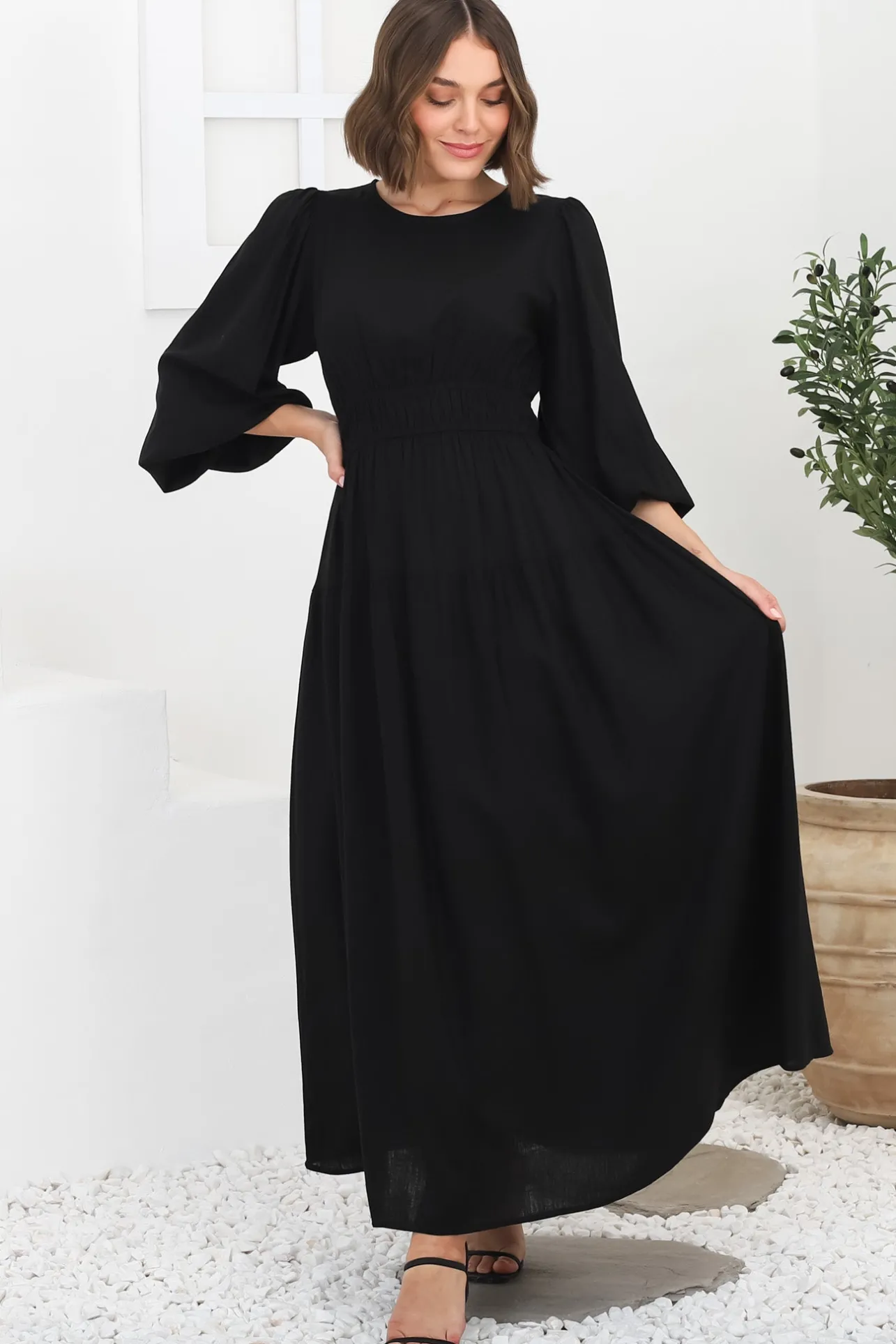 Sheyne Maxi Dress - Long Balloon Sleeve Elasicated Waist A Line Dress in Black>Salty Crush Best